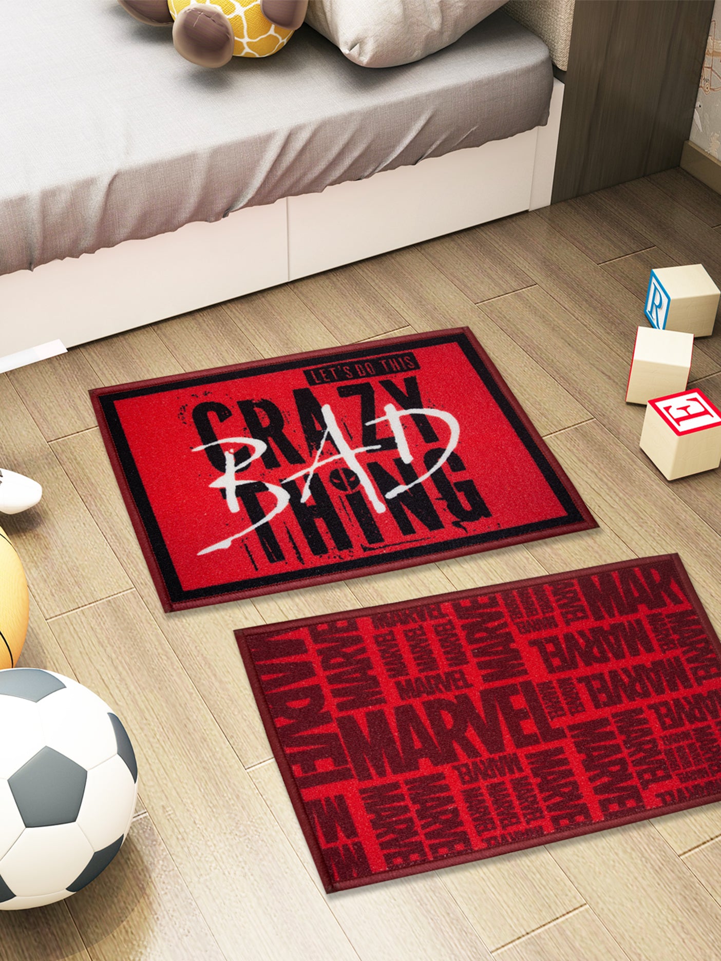 Marvel printed red and black premium nylon kids doormat with latex backing, anti-skid design, 37x57 cm, pack of 2 – Athom Living.

