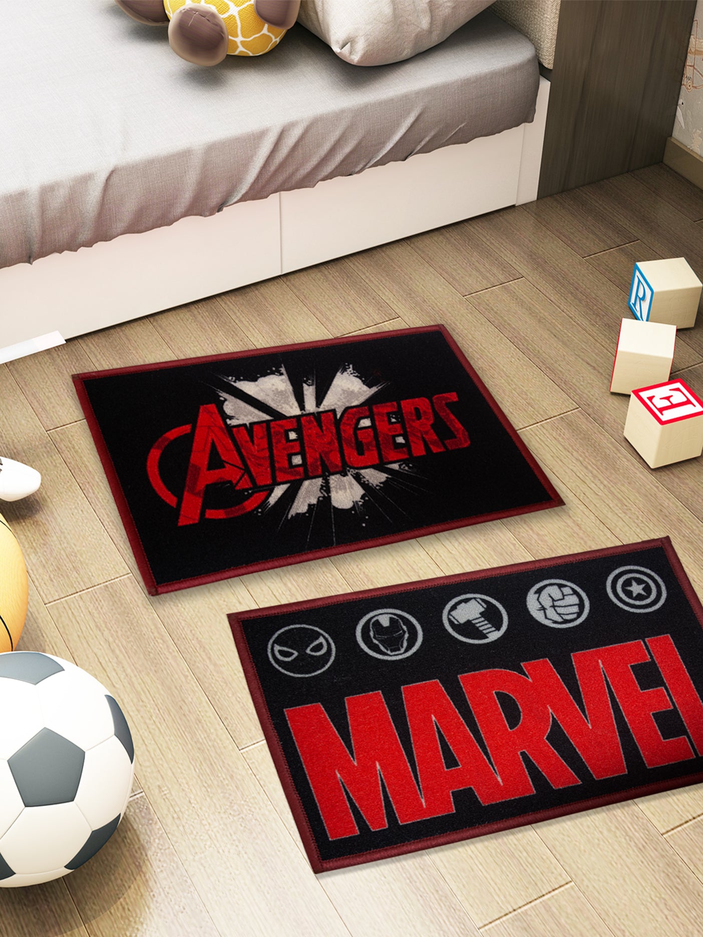 Marvel red textured kids doormat with latex backing, anti-skid, premium nylon, 37x57 cm, combo pack of 2.

