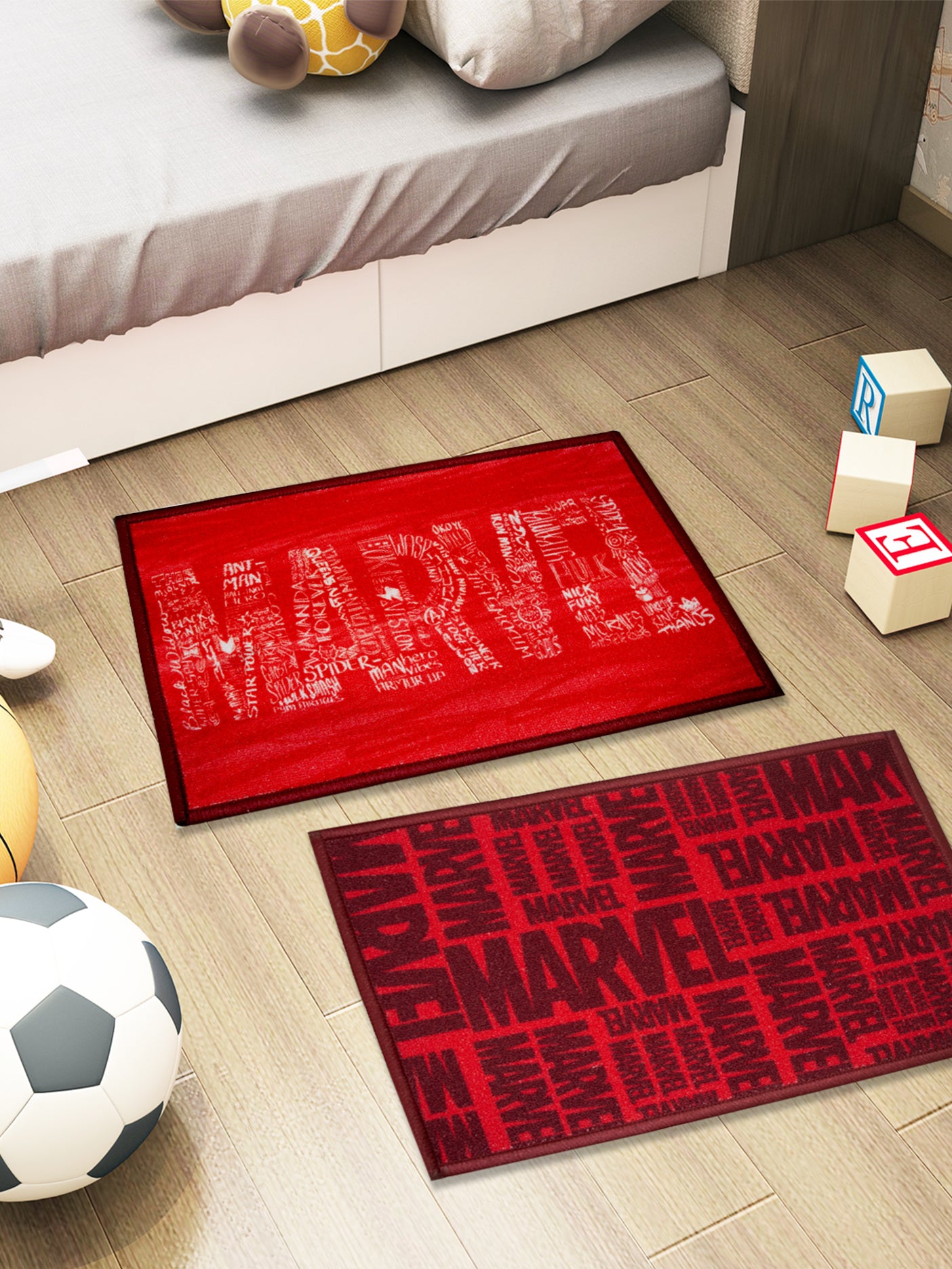 Marvel red textured kids premium nylon doormat with latex backing, anti-skid, 37x57 cm, combo of 2 – Athom Living.

