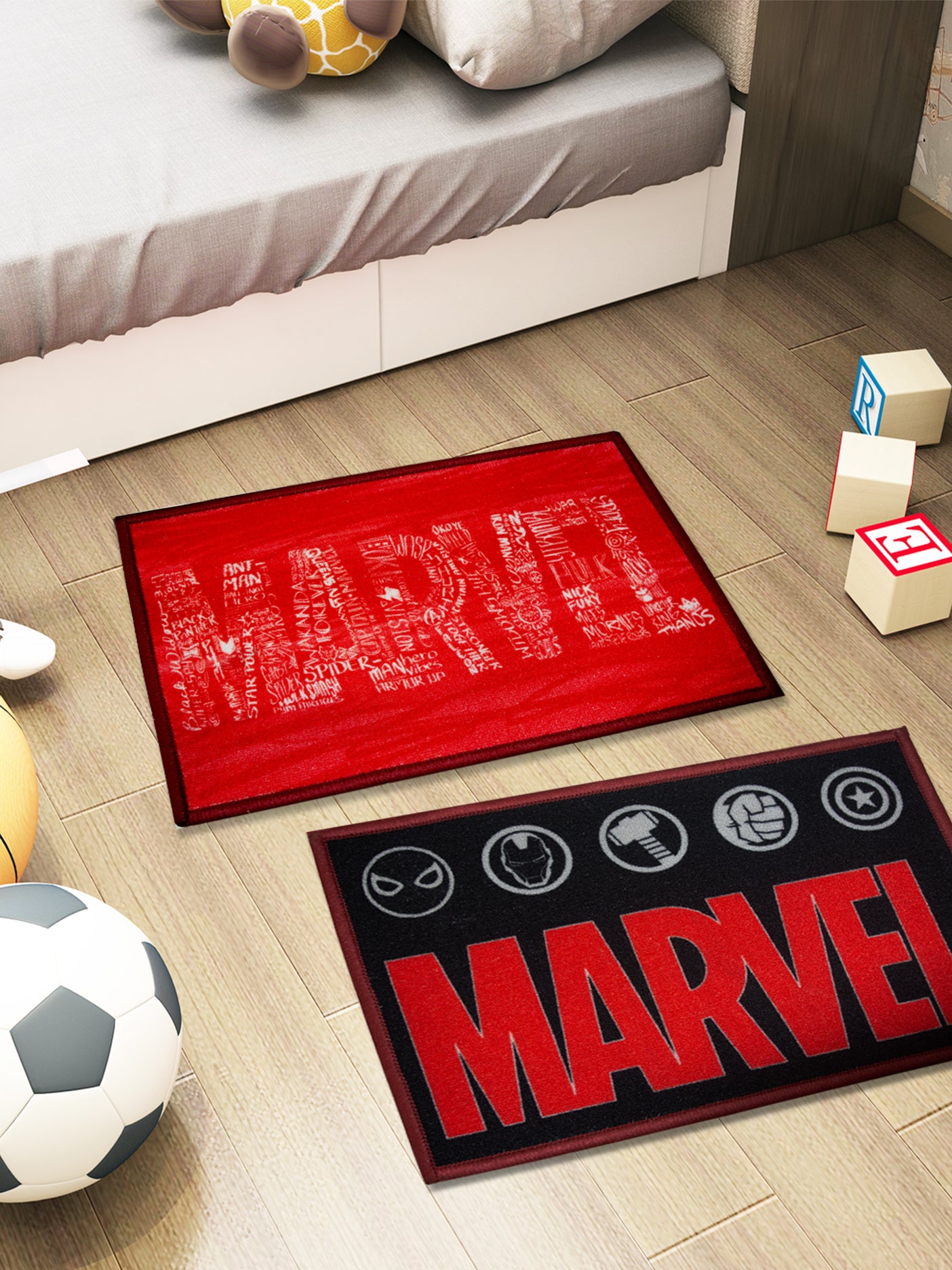 Marvel red textured kids premium nylon doormat with latex backing, anti-skid design, 37x57 cm combo pack of 2 – durable & stylish.