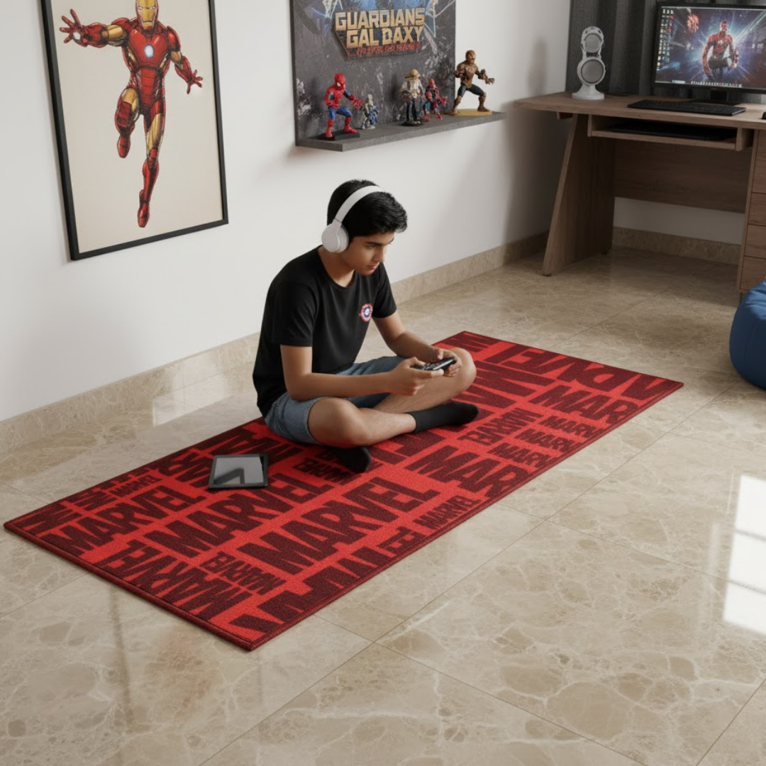 Marvel superheroes come alive on this red kids runner carpet by Athom Living, ideal for kids’ bedrooms, offering a safe, non-slip, and colorful floor décor option for playful spaces.