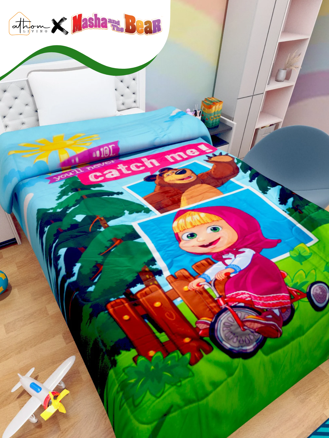 Masha & The Bear kids comforter – Single size, “You Will Never Catch Me” design by Athom Living, soft, cozy, and perfect for a child’s bedroom.