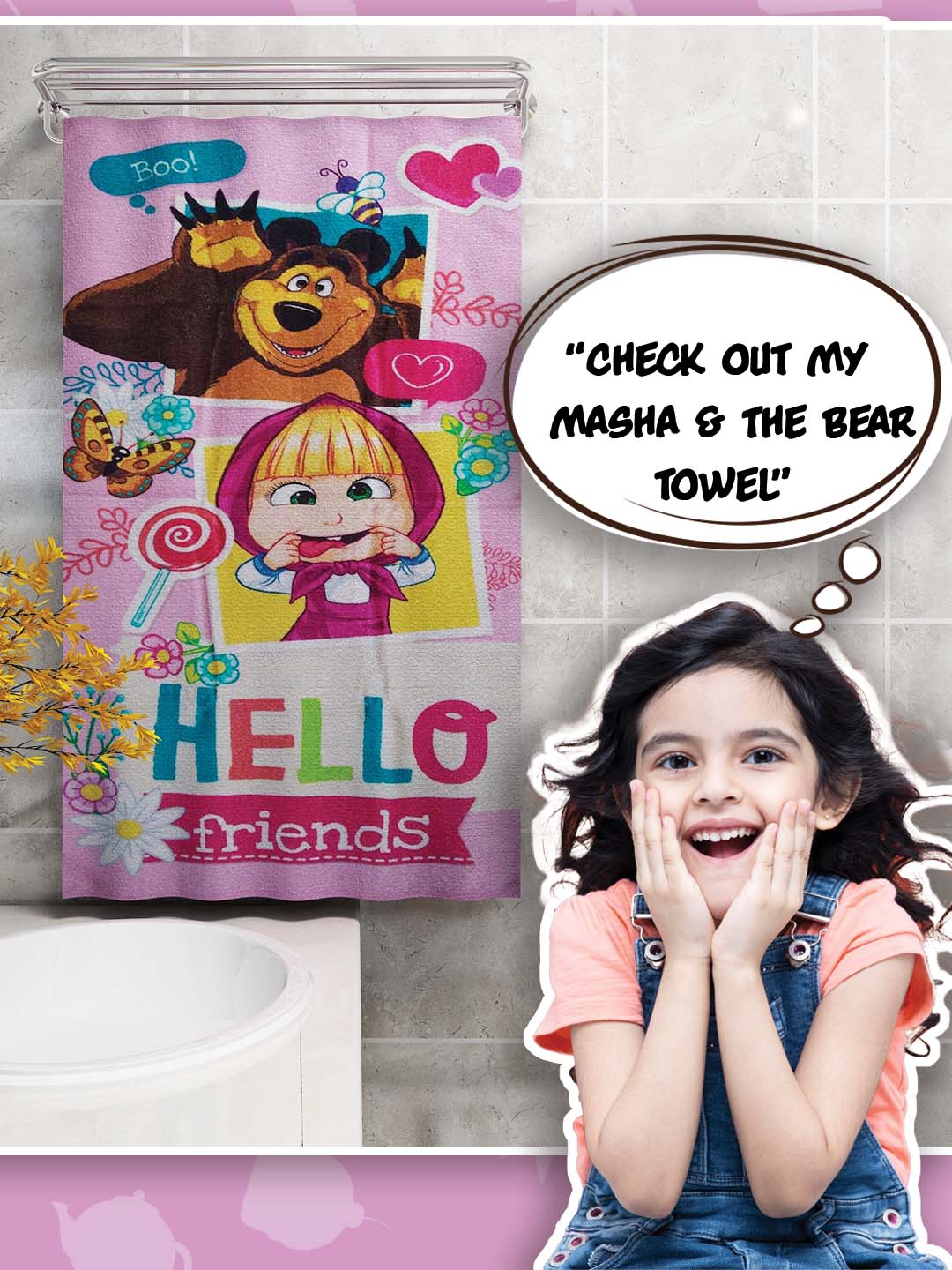 Masha & The Bear kids pink cotton bath towel 350 GSM, 60x120 cm – soft, absorbent, gentle on skin, perfect for daily bath and swim time.