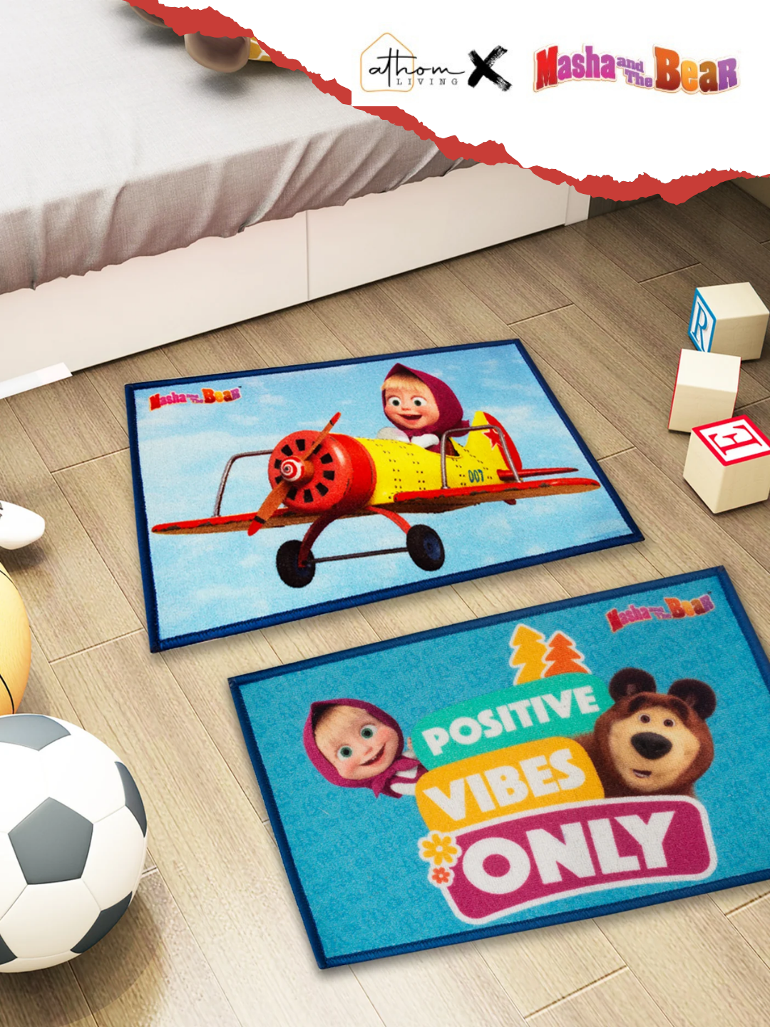 Masha and The Bear Kids Door Mat Set of 2 – Premium printed nylon mats with anti-skid latex backing, size 37x57 cm. Perfect for kids’ rooms or bathrooms. Add fun and comfort with Athom Living.