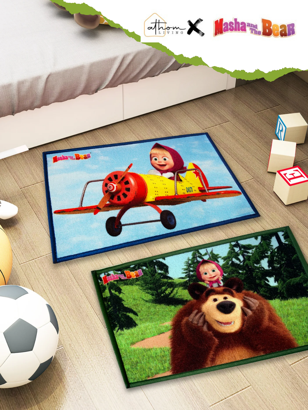 Masha and The Bear Kids Doormat Set of 2, Medium 37x57 cm – Premium Printed Nylon Bath Mat with Anti-Skid Latex Backing by Athom Living. Perfect for kids’ rooms and bathrooms.