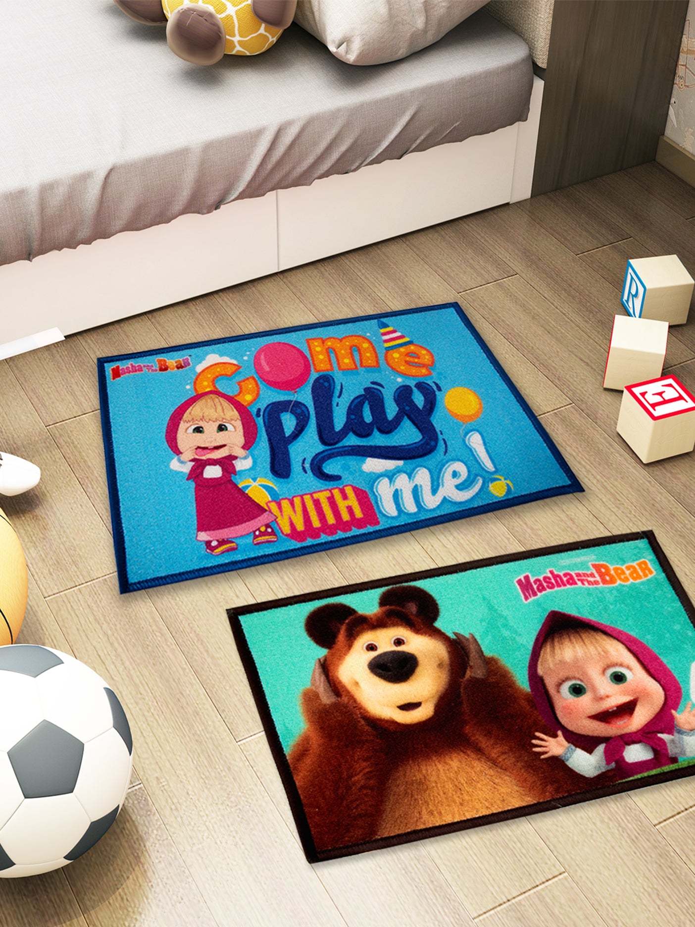 Masha and The Bear kids doormat combo pack of 2, premium nylon, multicolor design, anti-skid latex backing, 37x57 cm, positive vibes only print