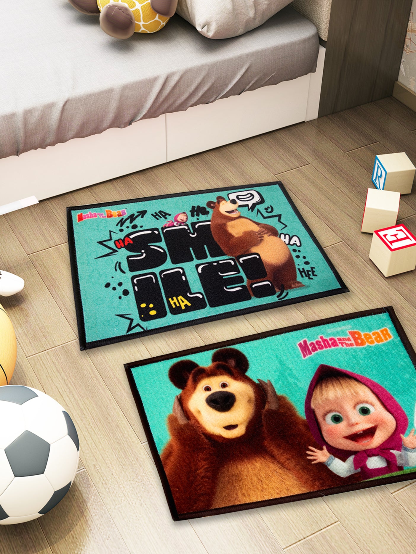 Masha and The Bear kids doormat combo set of 2, premium nylon, multicolor, 37x57 cm with latex anti-skid backing, durable home décor for kids.
