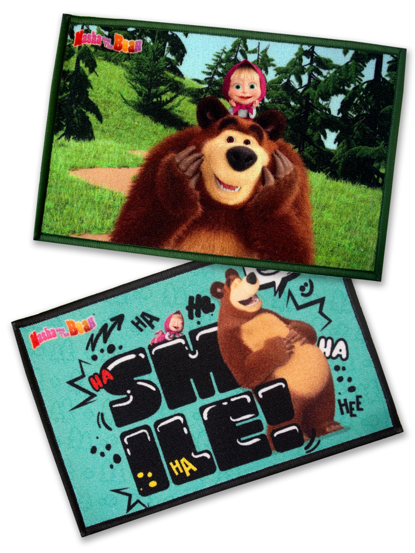 Masha and The Bear themed kids doormat by Athom Living, combo of 2, soft premium nylon, anti-skid latex backing, colorful 37x57 cm floor mats for home.
