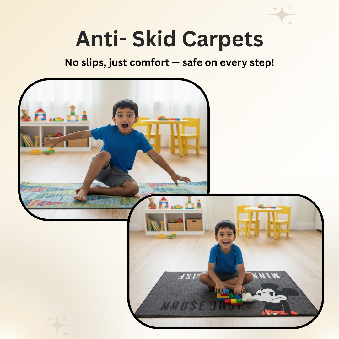 Mickey Mouse themed carpet by Athom Living adds joy and comfort to kids’ spaces, crafted with soft fabric, colorful Disney prints, and sturdy backing for a stylish and safe carpet.