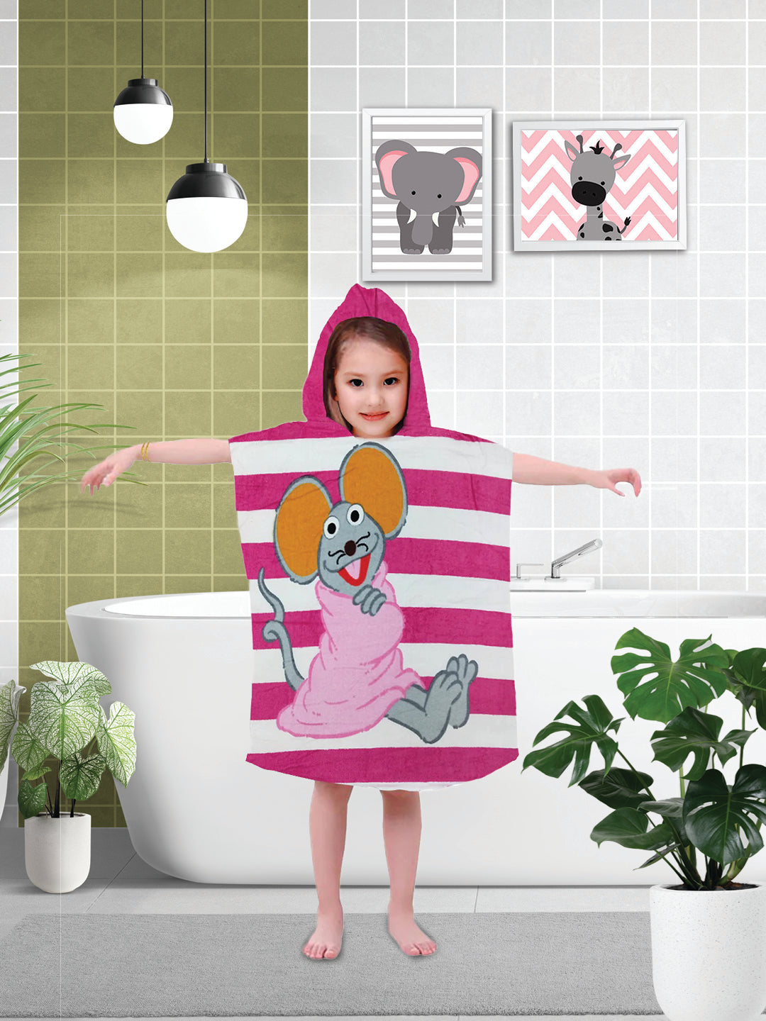 Mouse-themed Kids Hooded Poncho Towels by Athom Living in 60x120 cm size, featuring a soft, absorbent cotton fabric, adorable character print, and easy-wear hood design perfect for kids after bath or swimming.