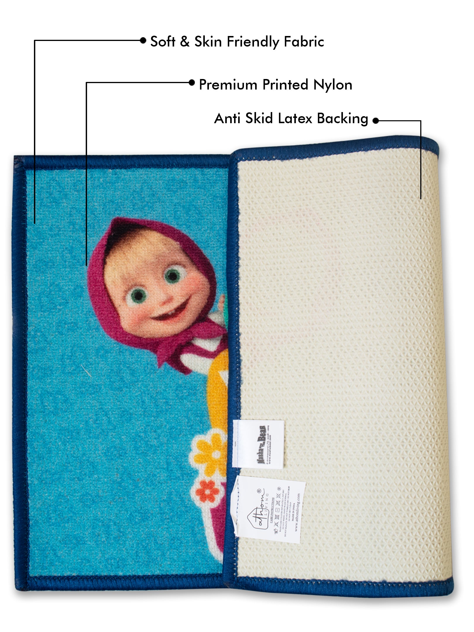 Multi-colored Masha and The Bear kids doormat combo, durable nylon, latex backing for anti-slip safety, positive vibes print, Athom Living.
