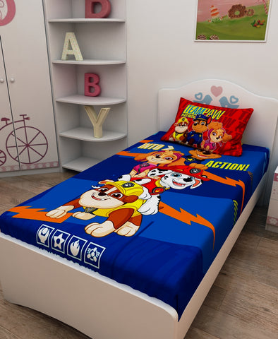 Athom Living Team Paw Petrol, Paw Patrol Digital Printed Cotton Kids Single Bedsheet 147x223 cm with Pillow Cover