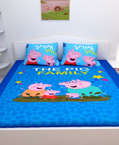 Athom Living The Pig Family Peppa Pig Digital Printed Cotton Kids Double Bedsheet 270x270 cm with 2 Pillow Cover
