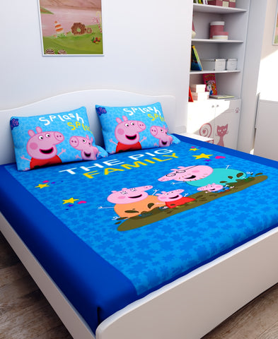 Athom Living The Pig Family Peppa Pig Digital Printed Cotton Kids Double Bedsheet 270x270 cm with 2 Pillow Cover