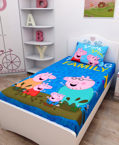 Athom Living Family Peppa Pig Digital Printed Cotton Kids Single Bedsheet 147x223 cm with Pillow Cover
