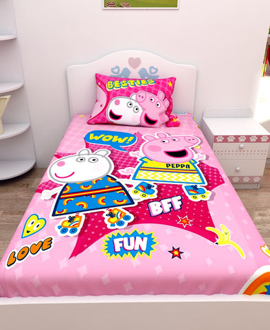 Athom Living Besties Peppa Pig Digital Printed Cotton Kids Single Bedsheet 147x223 cm with Pillow Cover