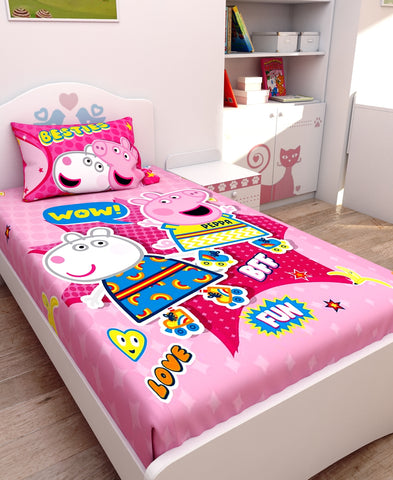 Athom Living Besties Peppa Pig Digital Printed Cotton Kids Single Bedsheet 147x223 cm with Pillow Cover