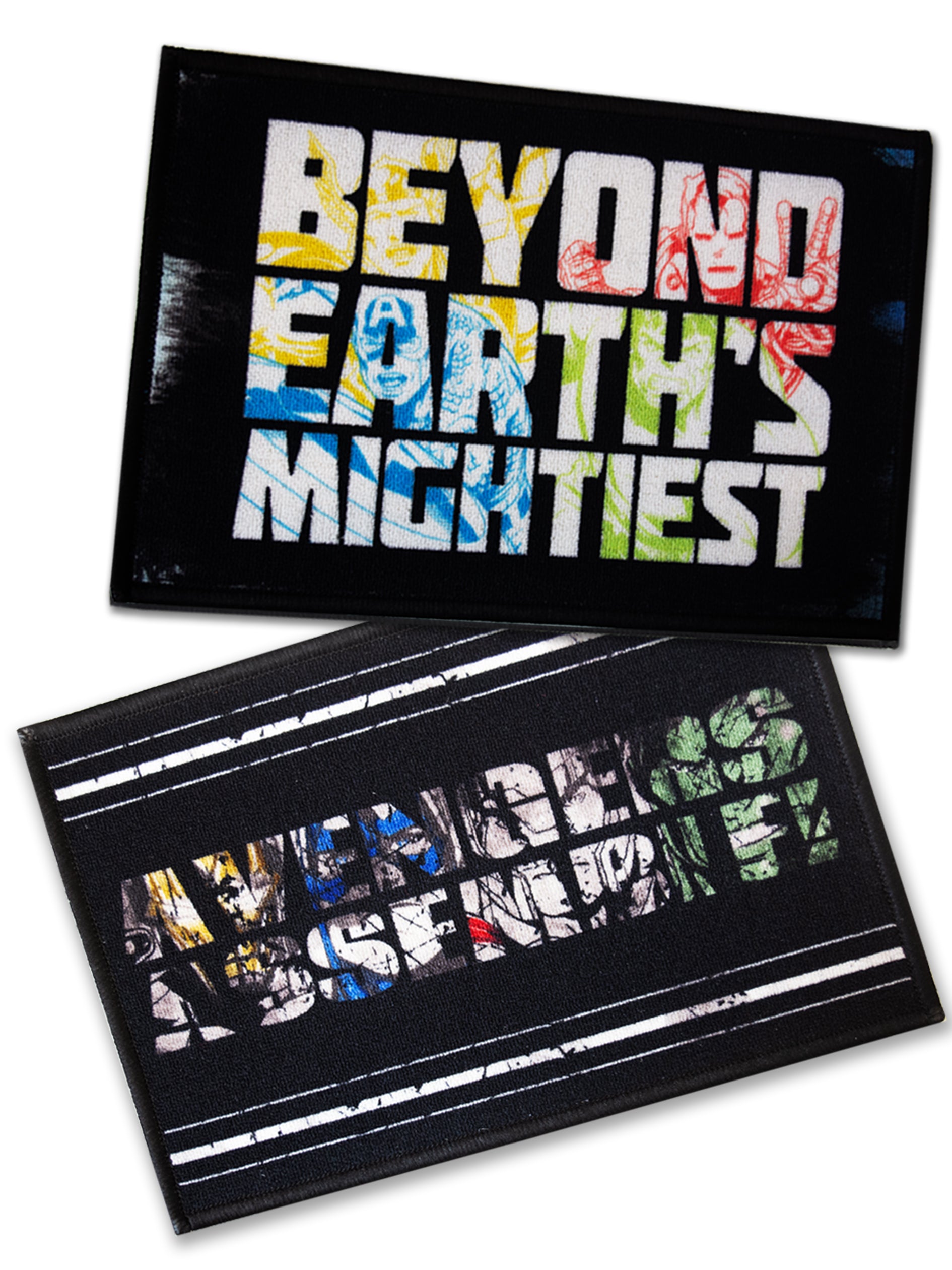 Pack of 2 Marvel Avengers kids doormats, multicolor text print, anti-slip latex backing, durable nylon, 37x57 cm.

