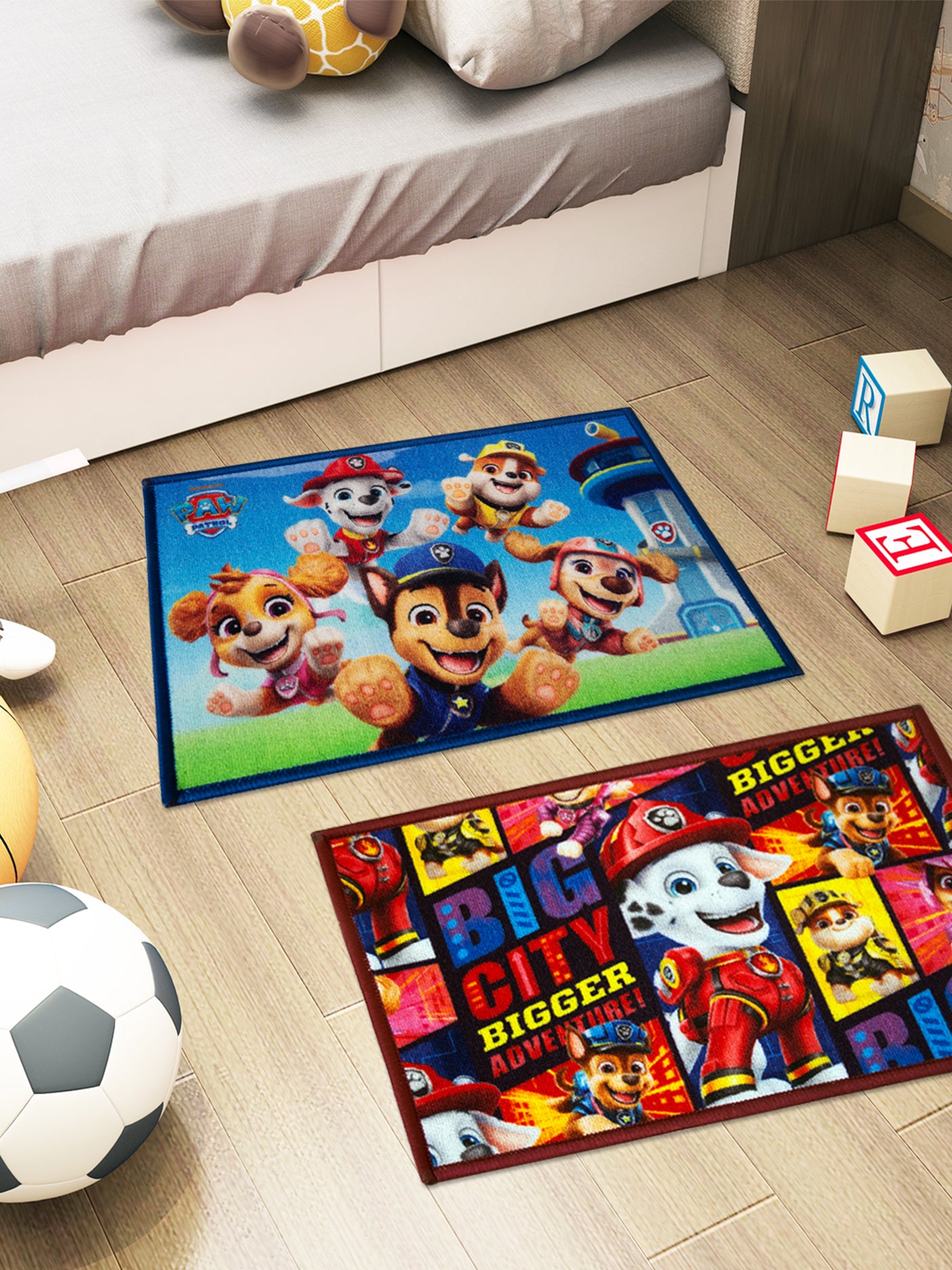 Paw Patrol Big City Adventure themed kids doormat combo, premium nylon with latex backing, anti-skid design, colorful multicolor print, 37x57 cm.