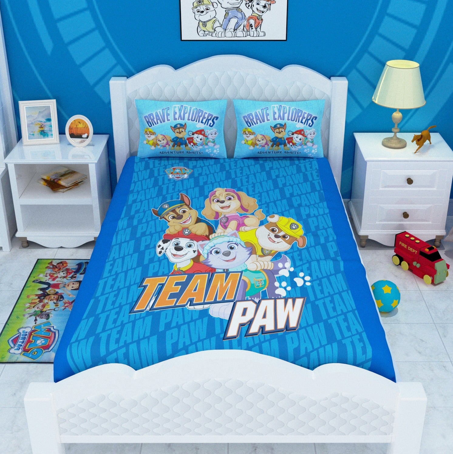Paw Patrol Team Power printed kids bedsheet set with 2 pillow cover designed by Athom Living, featuring vibrant character artwork, soft cotton fabric, and a fun double-size sheet perfect for brightening children’s bedrooms.