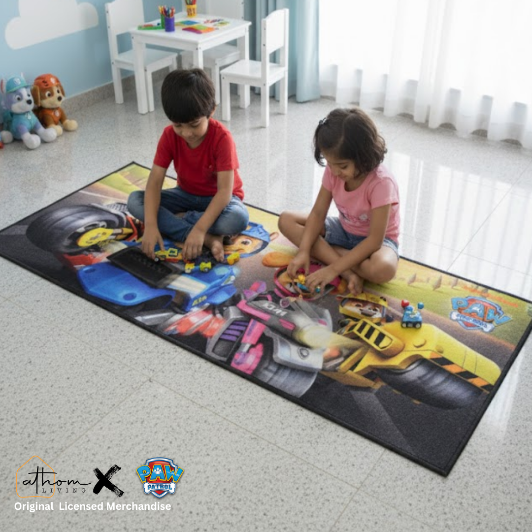 Paw Patrol (Yellow) themed kids runner carpet by Athom Living, designed to enhance children’s rooms with vibrant colors, soft texture and playful character design, ideal for bedrooms and play spaces.