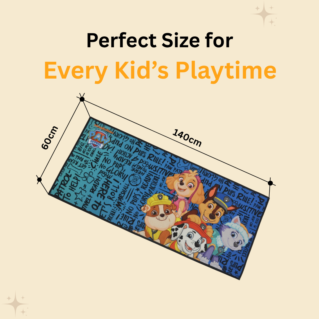 Paw Patrol blue kids runner carpet by Athom Living, designed with fun prints, soft feel, and anti-slip backing, making it a delightful and practical addition to children's rooms or nursery décor.