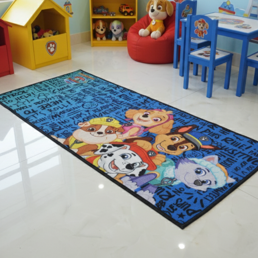 Paw Patrol blue themed kids runner carpet by Athom Living, featuring adorable cartoon characters, soft texture, and durable design, perfect for brightening up your child’s room décor in style.