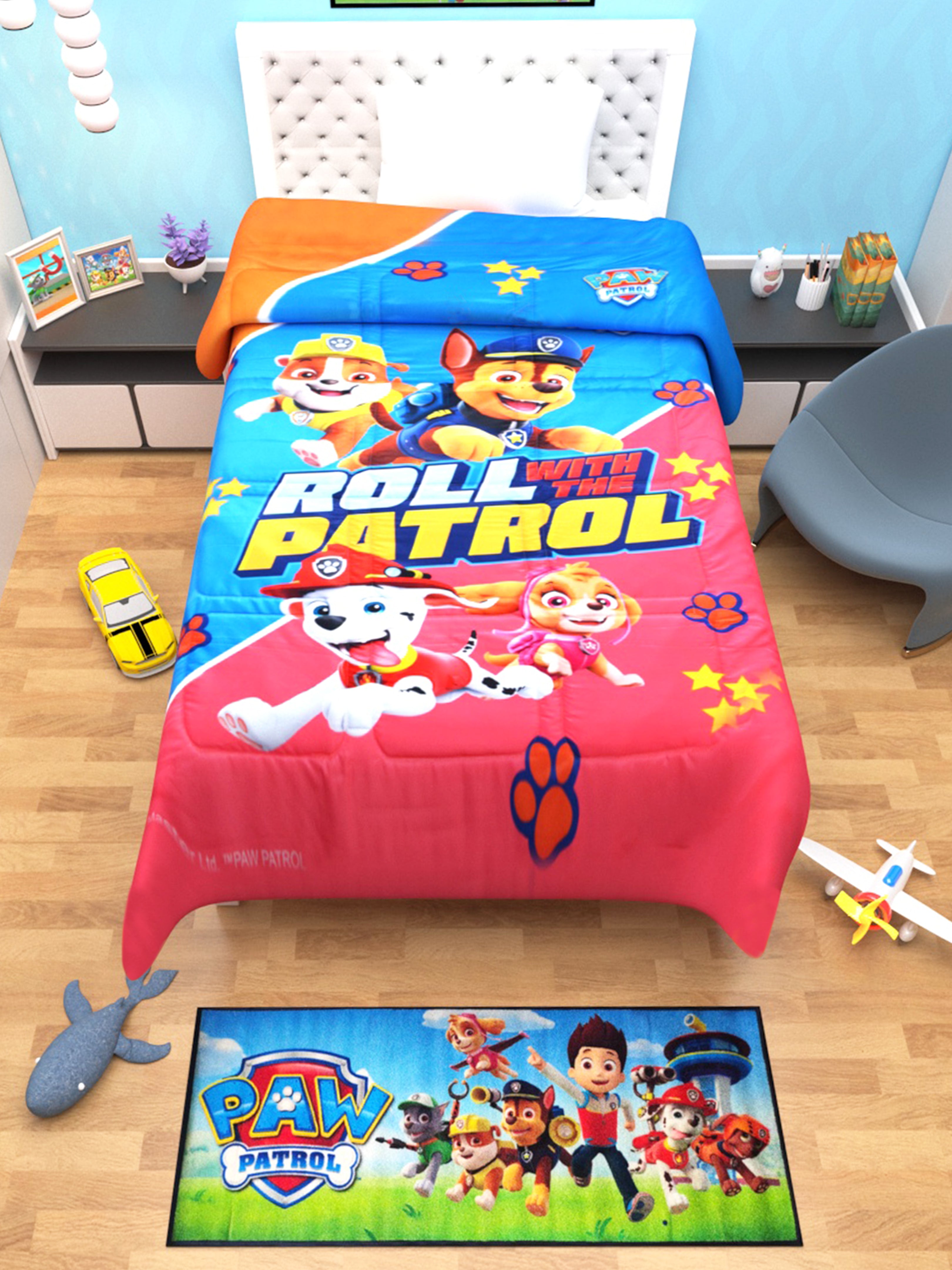 Paw Patrol kids comforter – Single size, soft, cozy bedding with “Roll with the Patrol” print, perfect for kids’ bedroom décor by Athom Living.