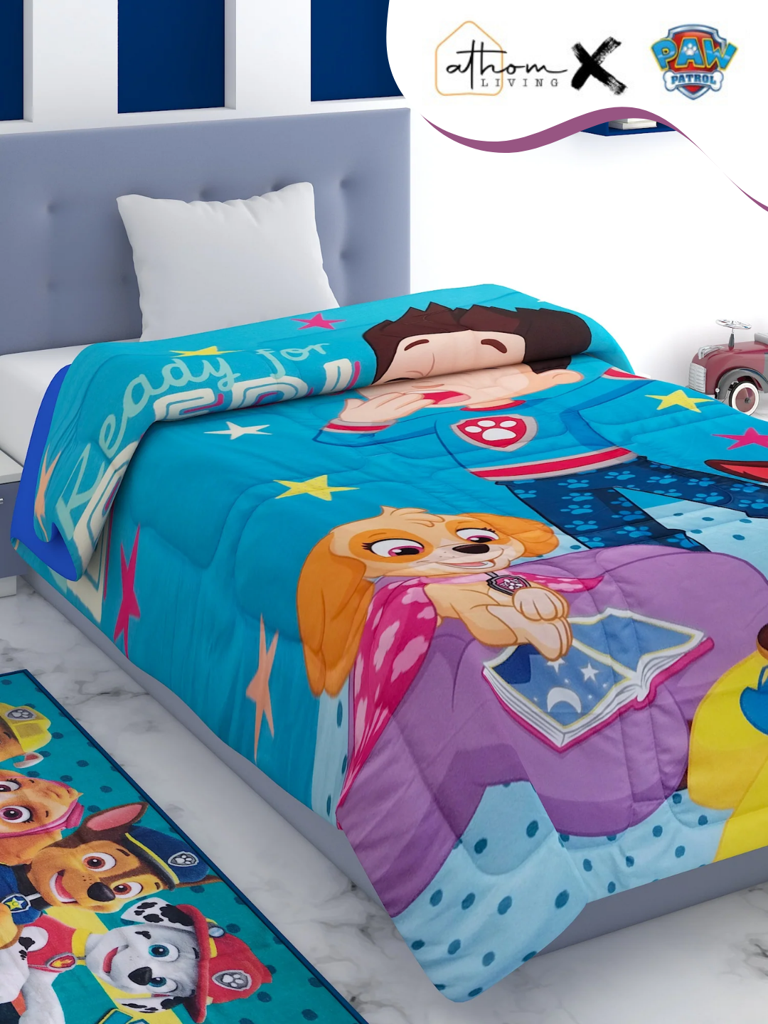 Paw Patrol kids comforter – single size "Ready for Bed" by Athom Living, perfect for cozy and fun sleep time in your child’s bedroom.