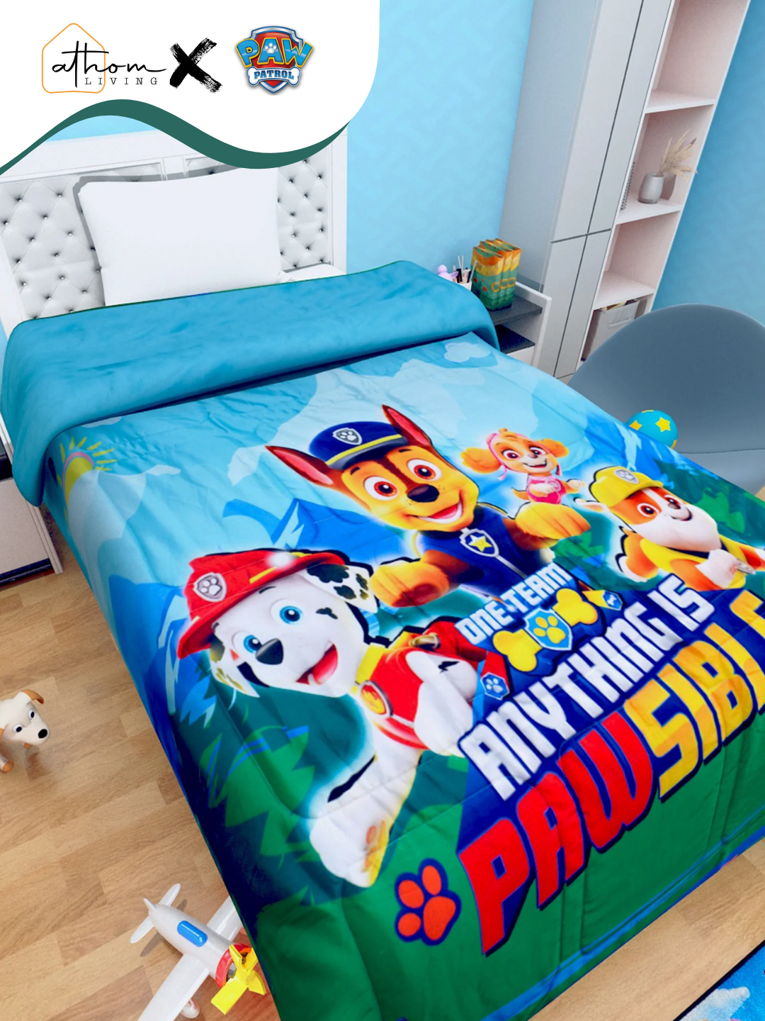 Paw Patrol kids comforter single size – soft, cozy bedding with “One Team, Anything is Pawsible” print – perfect for kids’ room décor by Athom Living.