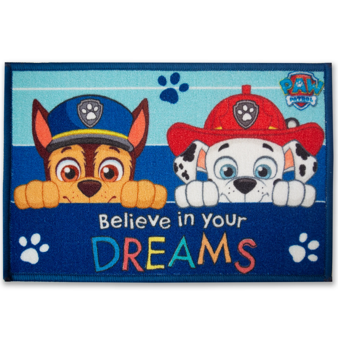 Paw Patrol themed Anti-Skid Kids Door Mat by Athom Living with “Believe in your dreams” quote brings cheerful vibes to any room. This soft, durable door mat offers excellent grip and kid-friendly comfort.