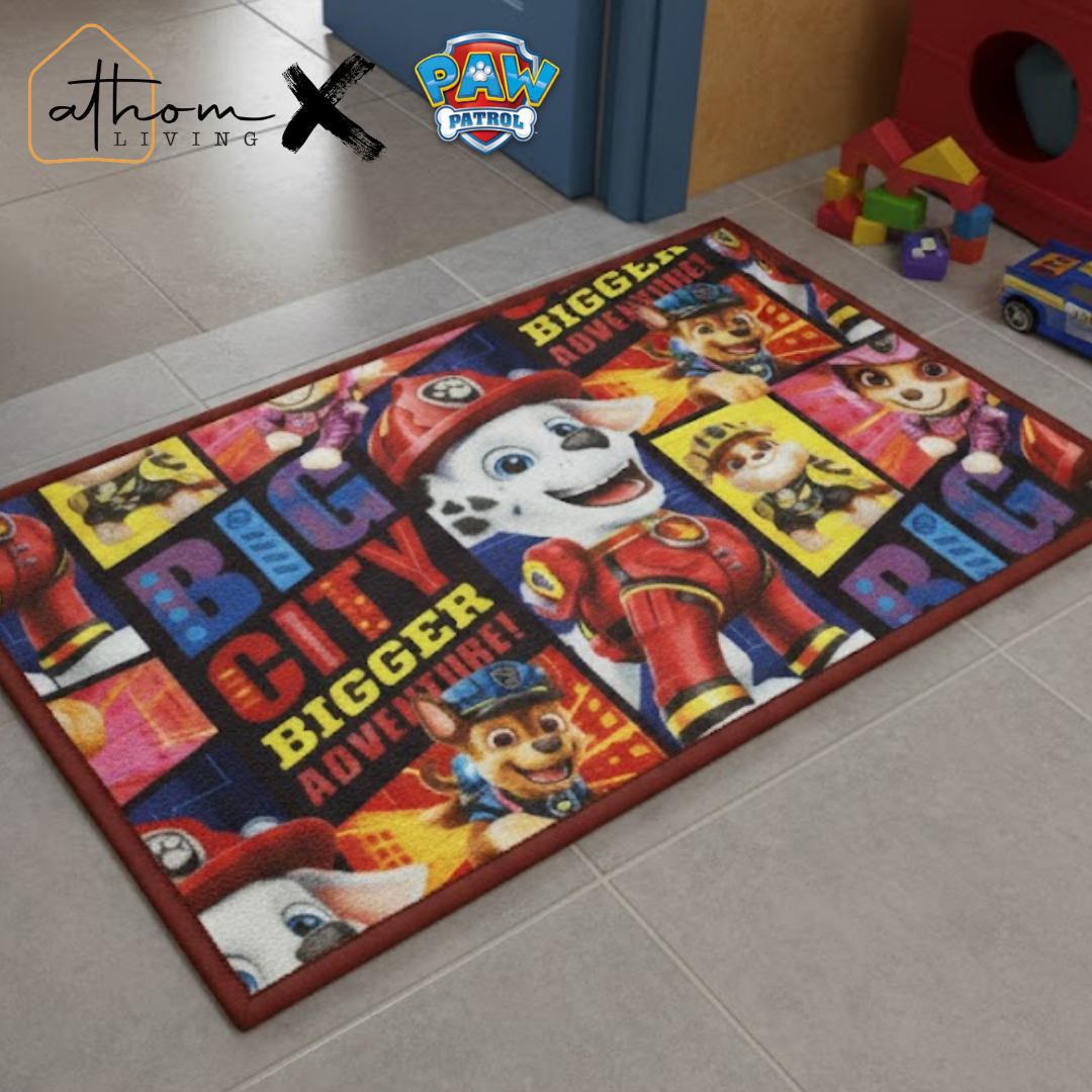 Paw Patrol themed Anti Skid kids Doormat featuring vibrant “Big City Bigger Adventure” artwork by Athom Living, designed for safe foot grip, bright kids’ room décor, and durable everyday use.