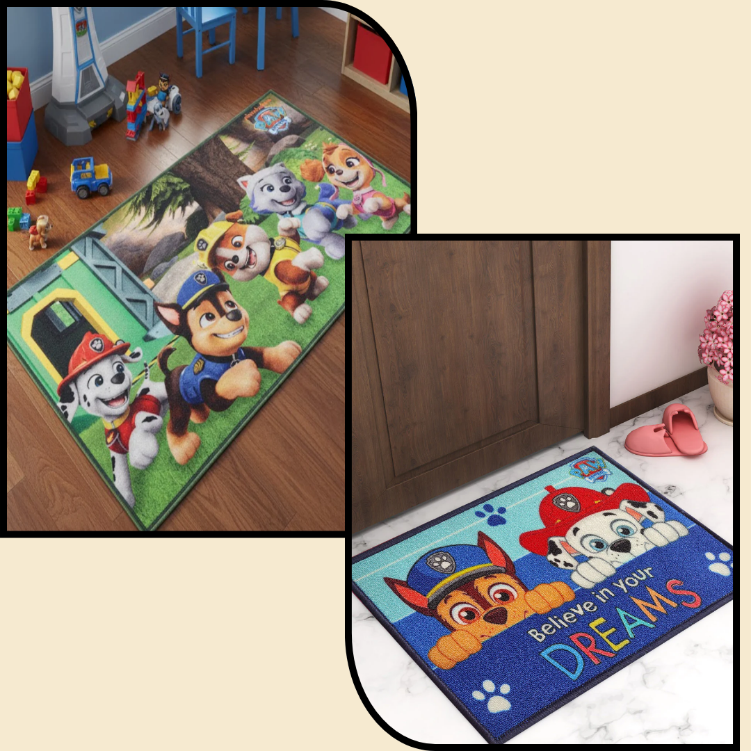 Paw Patrol themed kids room set featuring an anti skid carpet & doormat combo by Athom Living, colorful design, safe, comfortable, perfect for toddlers and young children’s play areas.