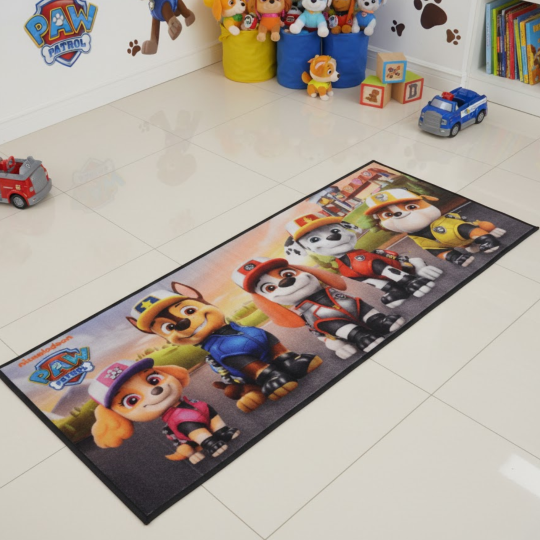 Paw Patrol themed kids runner carpet by Athom Living featuring vibrant characters, perfect for playful spaces, adding comfort and charm to your child’s room decor with soft texture and durable material.