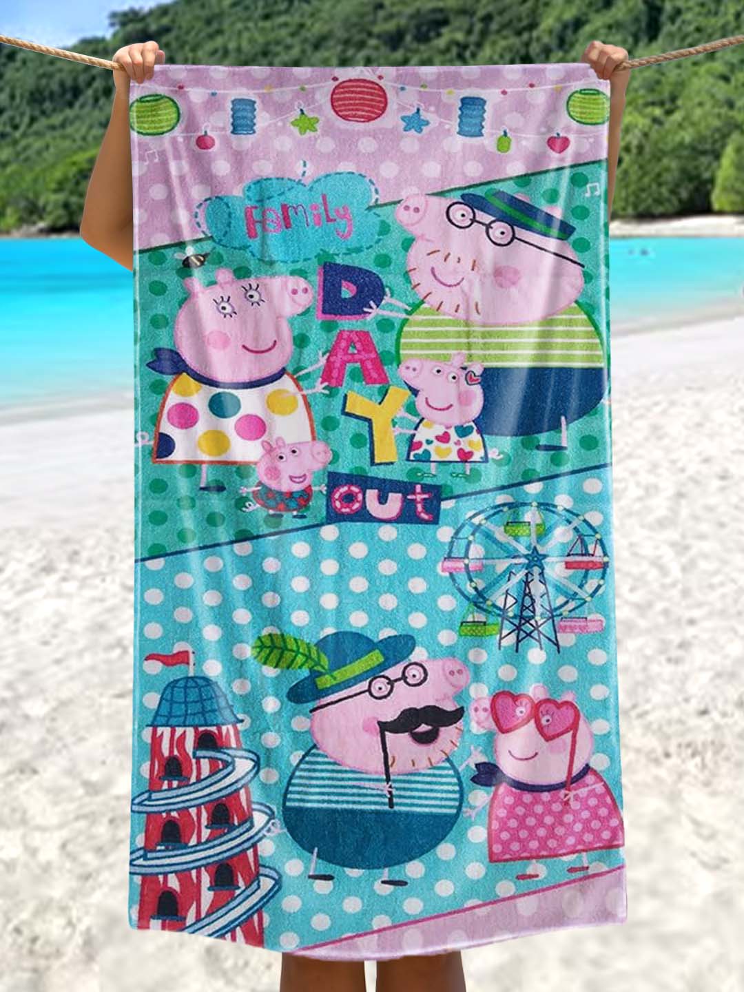 Peppa Pig Day Out Kids Cotton Bath Towel 350 GSM by Athom Living featuring a soft, absorbent design perfect for daily use. This vibrant Peppa-themed bath towel offers comfort, durability, and quick drying for kids.