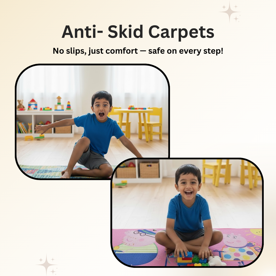 Peppa Pig Friday Funday Pink Printed Runner Carpet by Athom Living with cute, vibrant prints. Soft and durable, it’s perfect for hallways, bedrooms, and playrooms, keeping kids safe and comfortable.