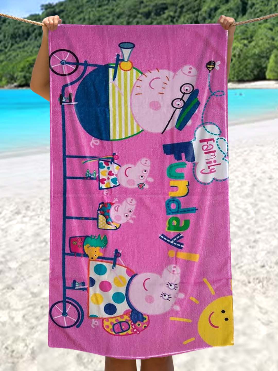 Peppa Pig Funday kids cotton bath towel 350 GSM 60x120 cm, soft absorbent, lightweight towel perfect for bath, pool, or beach fun.