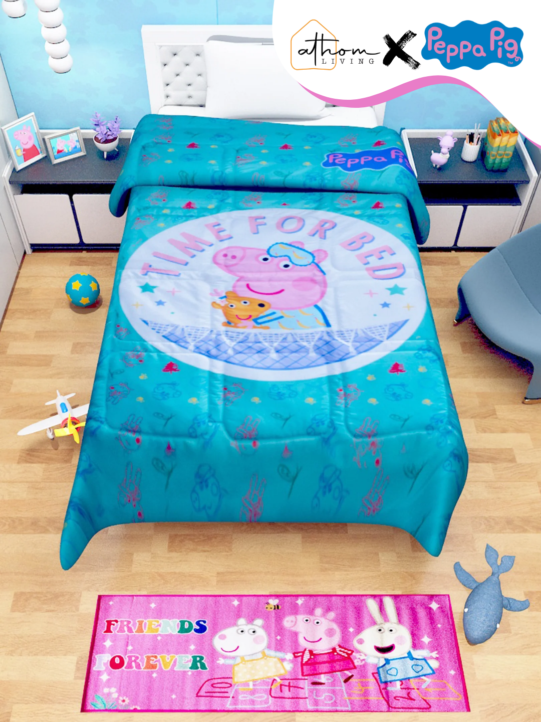 Peppa Pig Kids Comforter – Single Size – Time for Bed design by Athom Living, soft and cozy kids comforter perfect for creating a fun bedtime space.