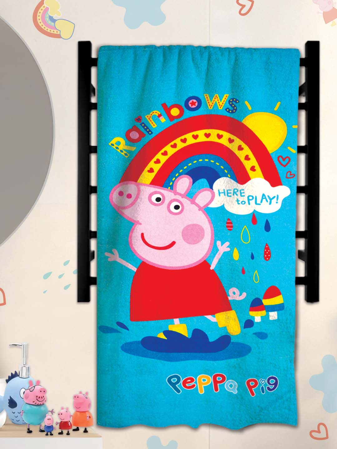 Peppa Pig Rainbows Here to Play Kids Cotton Bath Towel by Athom Living designed with soft, gentle cotton for quick absorption. This Bath Towel offers bright colors and comfort, ideal for kids’ bath time routines.