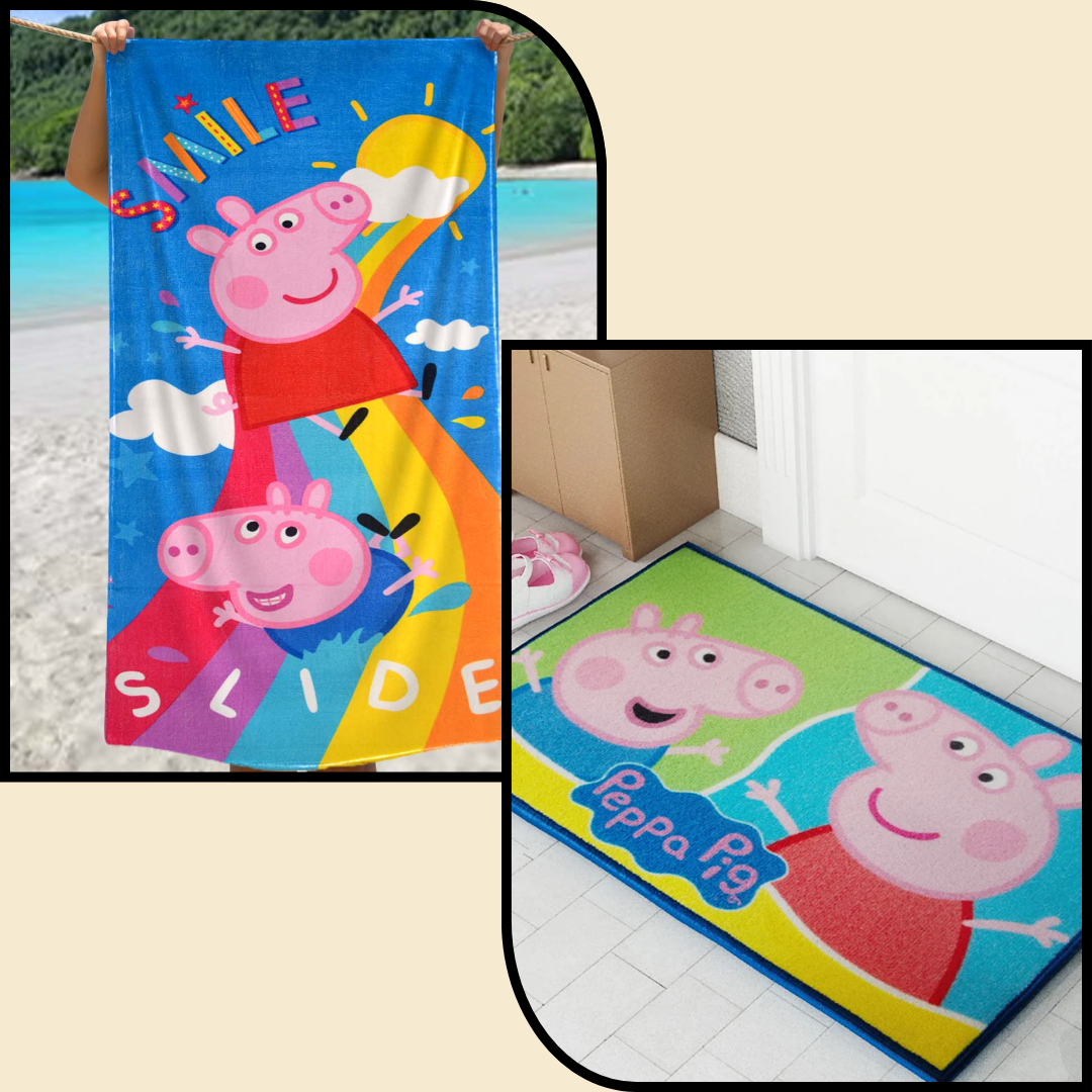 Peppa Pig kids bath towel with colorful prints paired with a soft kids doormat, perfect for children’s bathroom or bedroom, durable, absorbent, and easy to clean by Athom Living.