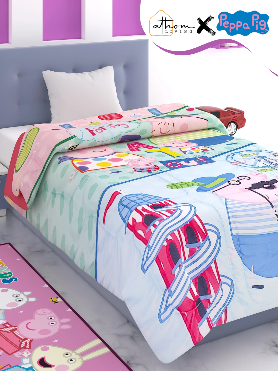 Peppa Pig kids comforter – Single size “Family Day Out” by Athom Living, soft and cozy for your child’s bedroom.