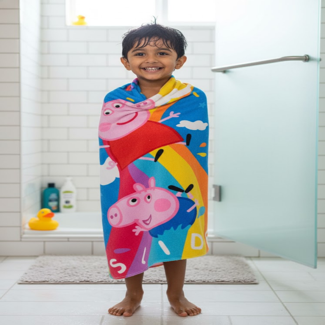 Peppa Pig themed Athom Living combo pack with kids bath towel and kids carpet made for daily use. Soft texture, colorful design, and child-friendly quality make this bath towel & carpet set ideal for kids rooms.