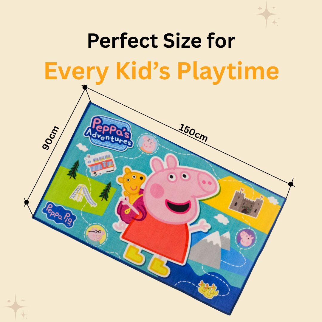 Peppa Pig themed carpet full of colorful adventure designs, making playtime enjoyable, safe, and cozy for children in any room.