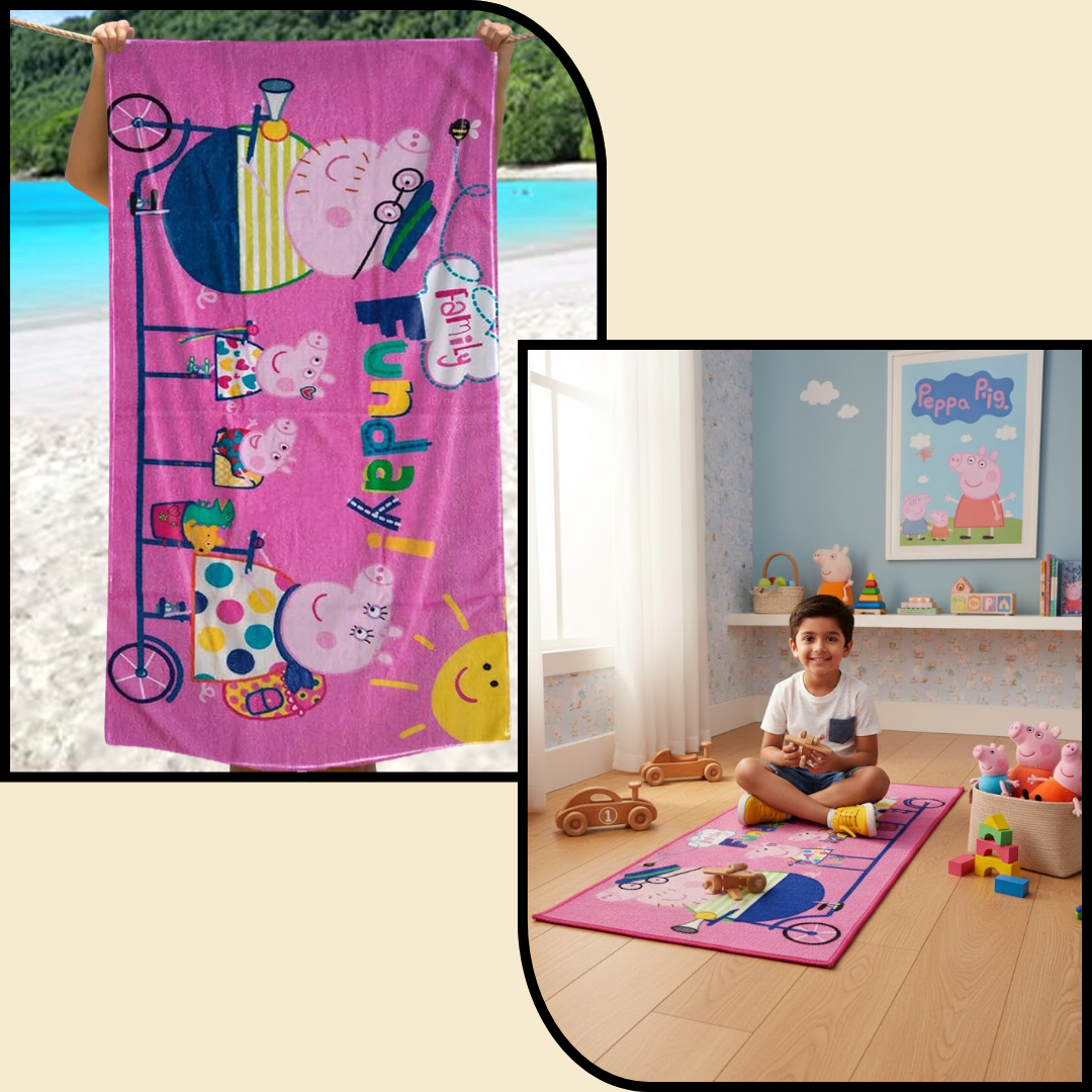 Peppa Pig themed kids bath towel and kids runner carpet combo-pack of 2 by Athom Living, designed with vibrant colors, soft fabric, and playful prints to enhance comfort and style in kids’ daily essentials.