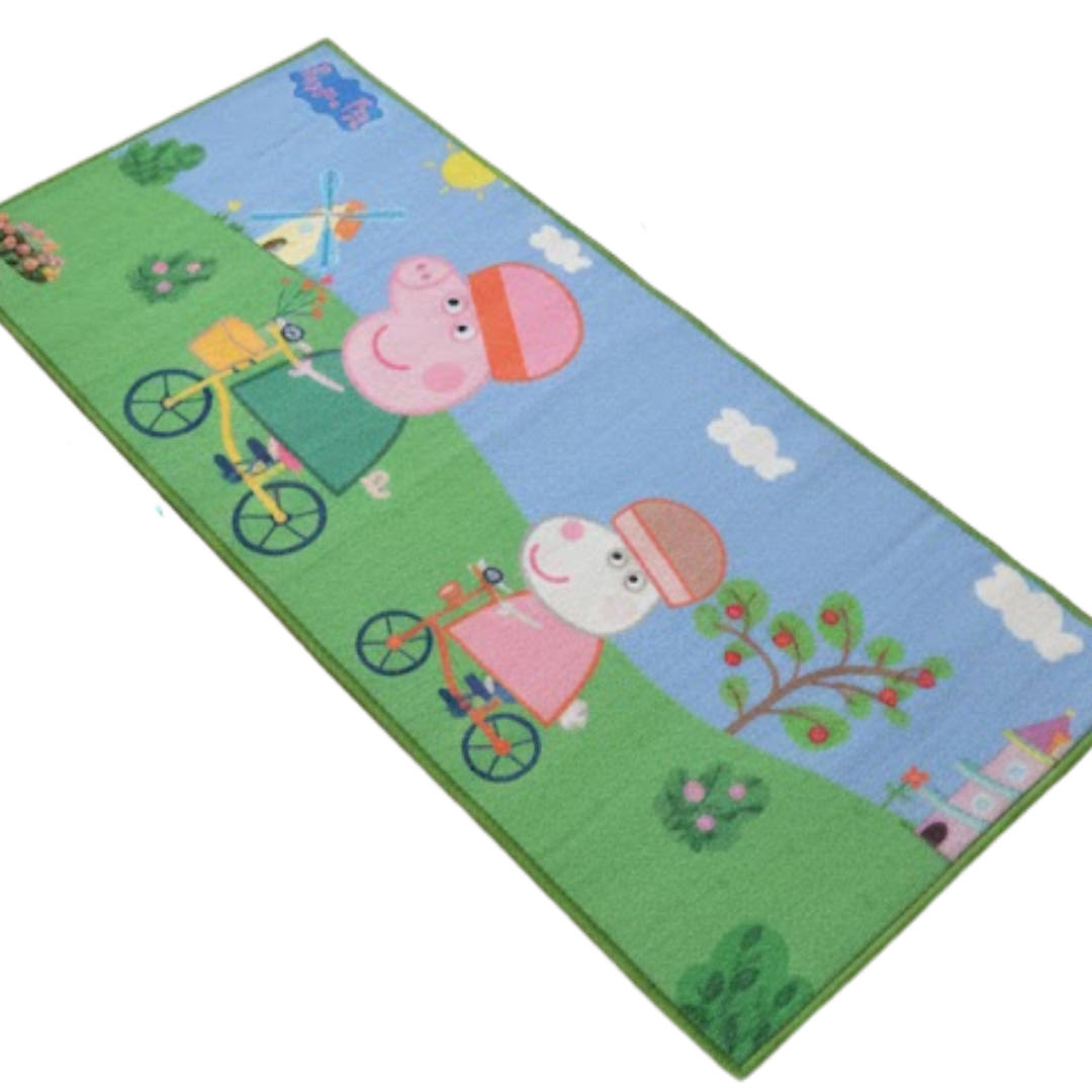 Peppa Pig themed kids runner carpet by Athom Living displayed in a colorful kids’ room, combining durability, gentle texture and bright patterns to enhance floor décor while keeping little feet comfortable.