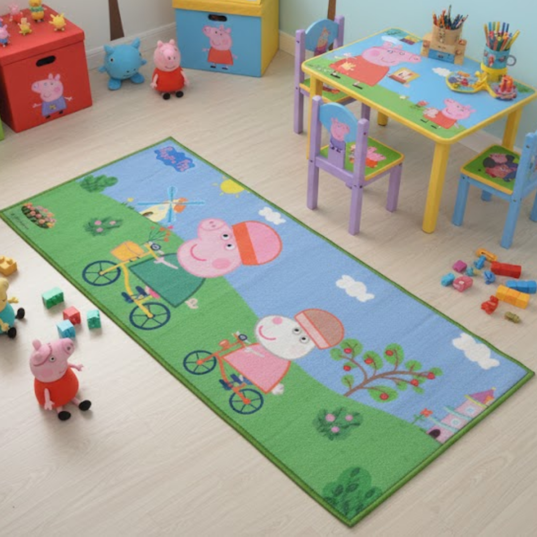 Peppa Pig themed kids runner carpet by Athom Living placed in a bright children's room, showcasing playful design, soft texture and durable finish, perfect for adding charm and comfort to any kid’s space.