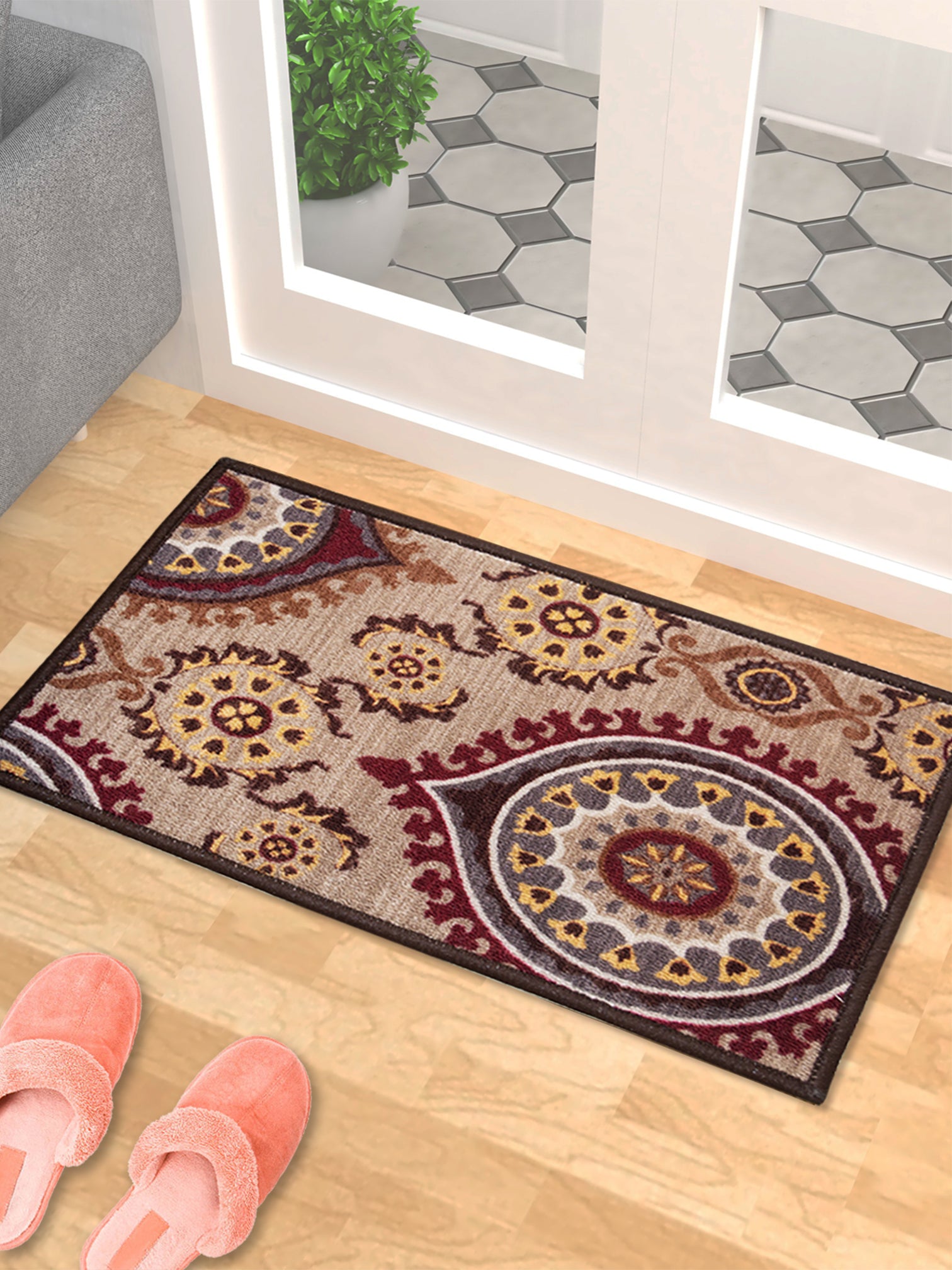 Persian Maroon Premium Anti Slip Printed Door Mat by Athom Living, a stylish and durable doormat or bathmat perfect for home entryways, providing comfort and safety with non-slip backing.