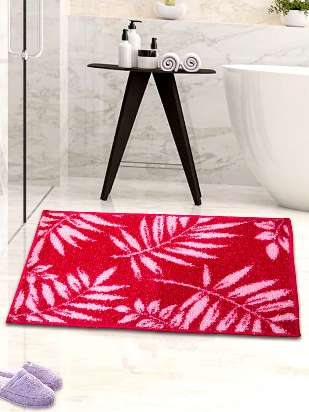 Pink Leaf Soft Micro Anti-Slip Bath Mat by Athom Living, a cozy and stylish bathmat perfect for bathroom safety and comfort, featuring a non-slip base and easy-care design.