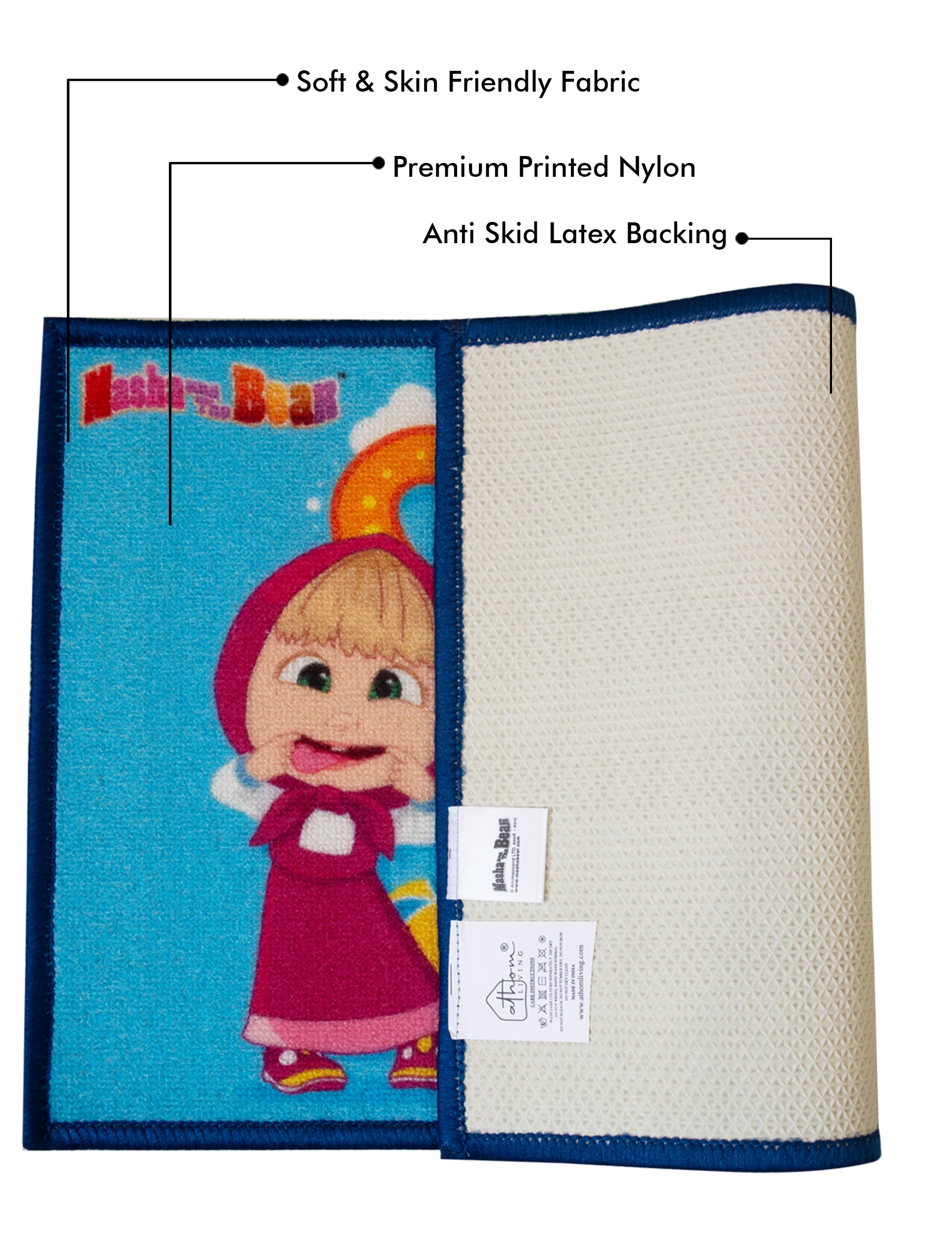 Positive Vibes Only Masha and The Bear kids doormat – combo pack of 2, premium nylon with latex backing, colorful anti-skid mats.
