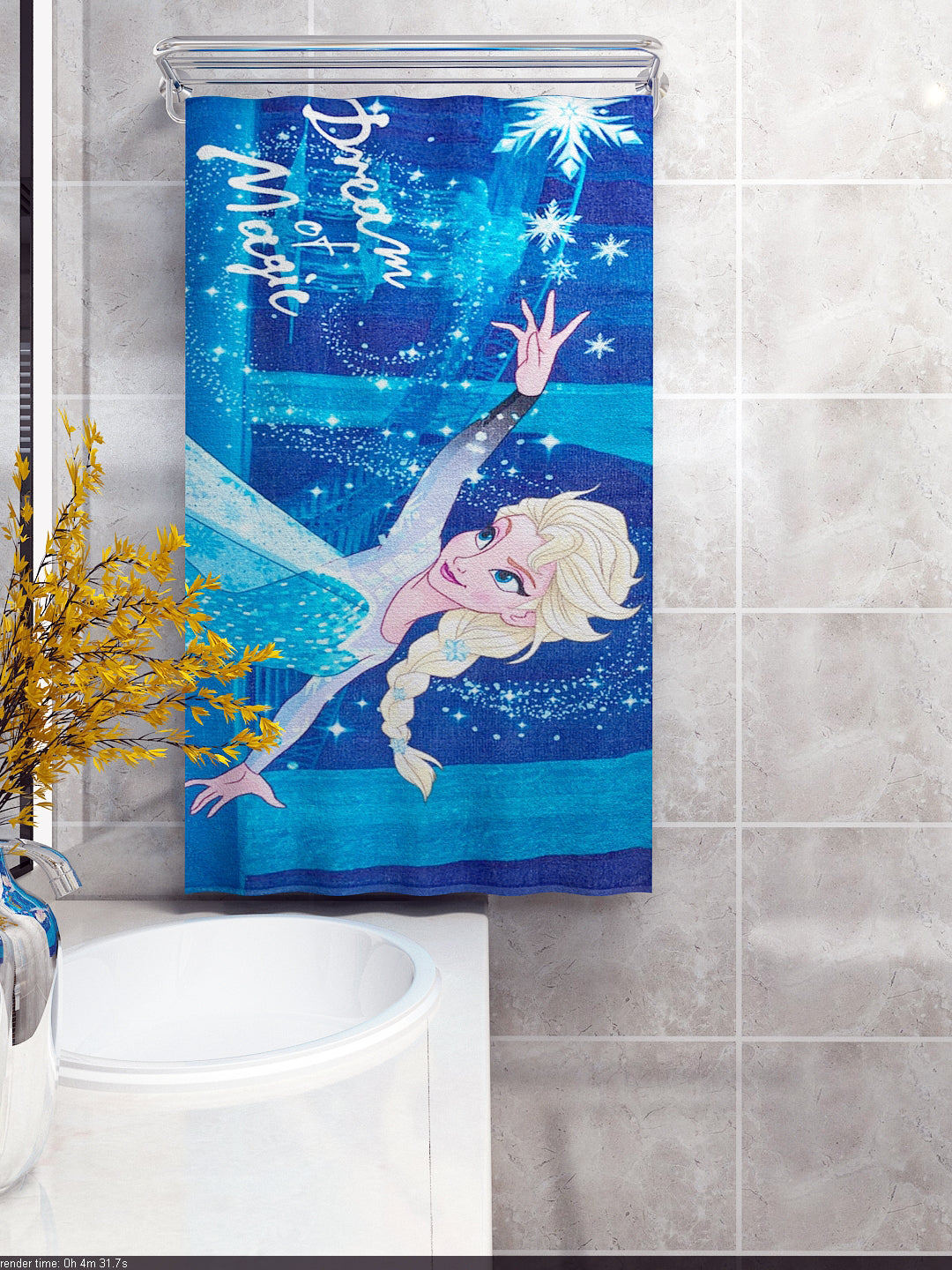 Premium 350 GSM cotton Disney Frozen kids bath towel featuring Elsa and Anna artwork, 60x120 cm size ideal for everyday drying, offering softness, absorbency, and a fun magical touch for kids.